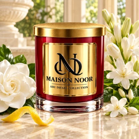Red MAISON NOOR candle with gold lid beside white gardenia, tuberose, jasmine and lemon peel on ivory stone.