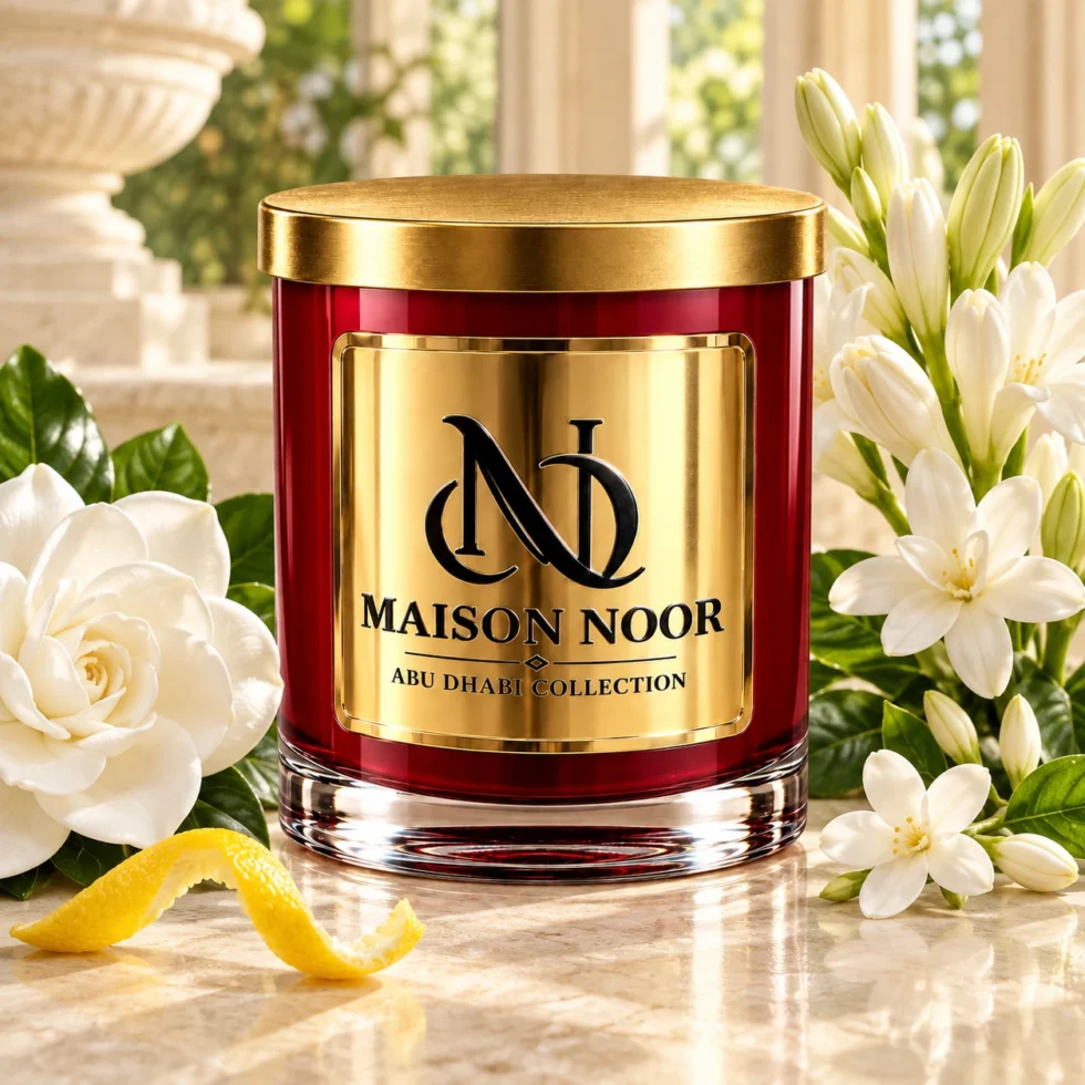 Red MAISON NOOR candle with gold lid beside white gardenia, tuberose, jasmine and lemon peel on ivory stone.