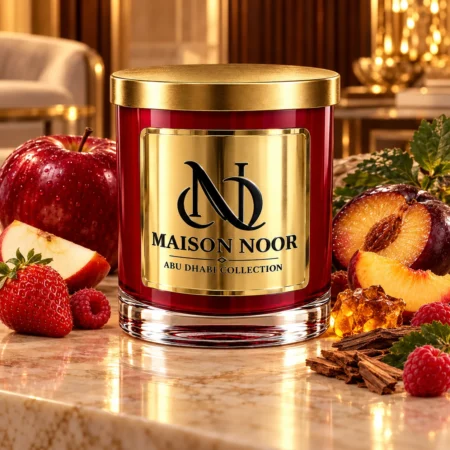 Red MAISON NOOR candle with gold lid beside apple, strawberry, plum, peach and raspberries in a warm elegant salon.