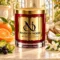 Red MAISON NOOR candle with gold lid beside mandarin, bergamot peel, blackcurrants, coconut and jasmine on ivory stone.