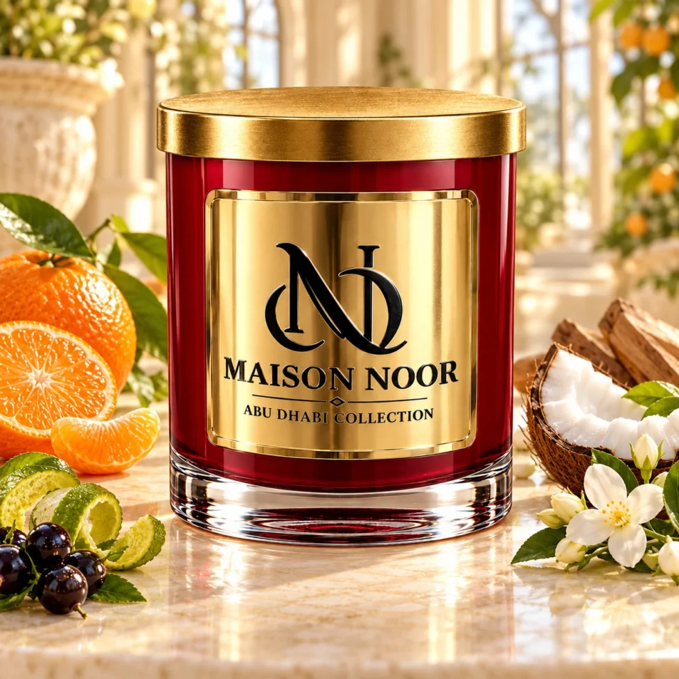 Red MAISON NOOR candle with gold lid beside mandarin, bergamot peel, blackcurrants, coconut and jasmine on ivory stone.