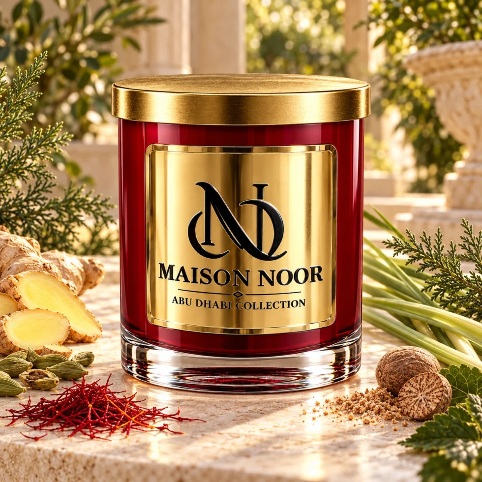 Red MAISON NOOR candle with gold lid beside ginger, saffron, cardamom, nutmeg, citronella grass and evergreen foliage.