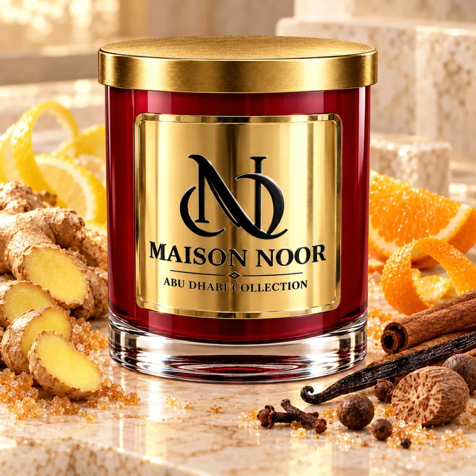 Red MAISON NOOR candle with gold lid beside ginger, citrus, sugar, vanilla, cinnamon, cloves, nutmeg and allspice.