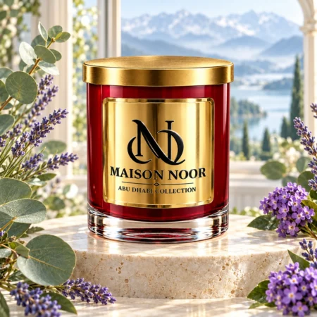 Red MAISON NOOR candle with gold lid beside eucalyptus, lavender and purple heliotrope flowers, with a softly blurred alpine landscape.