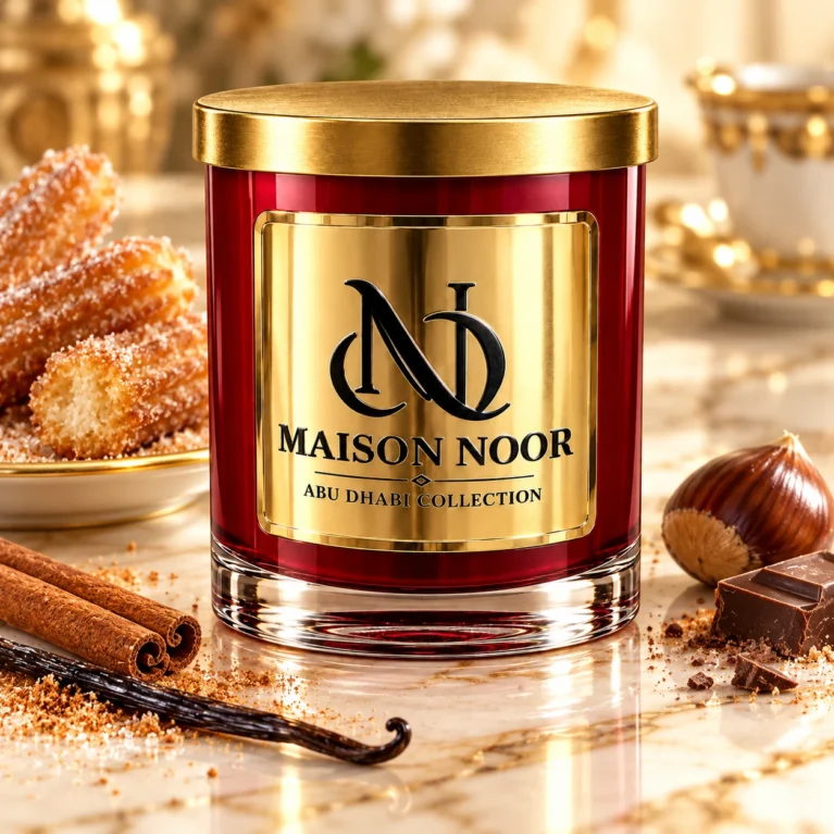 Red MAISON NOOR candle with gold lid beside churros, cinnamon, vanilla, chestnut and chocolate on ivory marble.