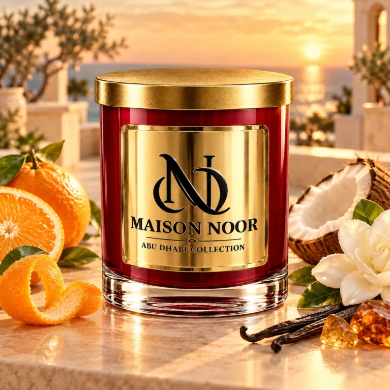 Red MAISON NOOR candle with gold lid beside orange, coconut, gardenia and vanilla on ivory stone overlooking a sunset.