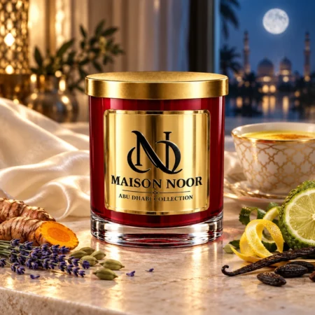Red MAISON NOOR candle with gold lid beside golden milk, turmeric, lavender, cardamom, citrus and vanilla in an elegant moonlit setting.