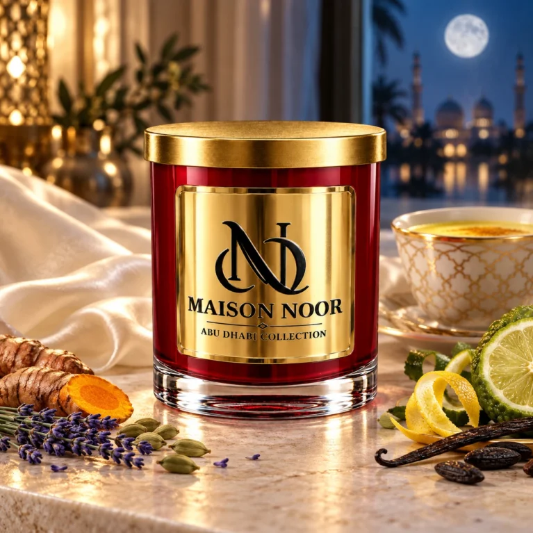 Red MAISON NOOR candle with gold lid beside golden milk, turmeric, lavender, cardamom, citrus and vanilla in an elegant moonlit setting.