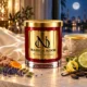Red MAISON NOOR candle with gold lid beside golden milk, turmeric, lavender, cardamom, citrus and vanilla in an elegant moonlit setting.