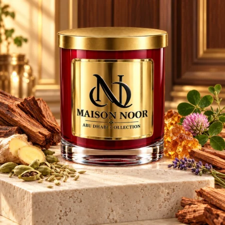 Red MAISON NOOR candle with gold lid beside wood, ginger, cardamom, fennel, lavender and pink clover on ivory stone.