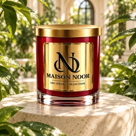 Red MAISON NOOR candle with gold lid on an ivory pedestal surrounded by fresh green leaves in a sunlit conservatory.