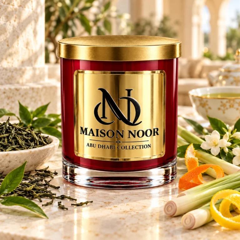 Red MAISON NOOR candle with gold lid beside green tea leaves, lemongrass, citrus peel and jasmine, with a porcelain tea cup behind.