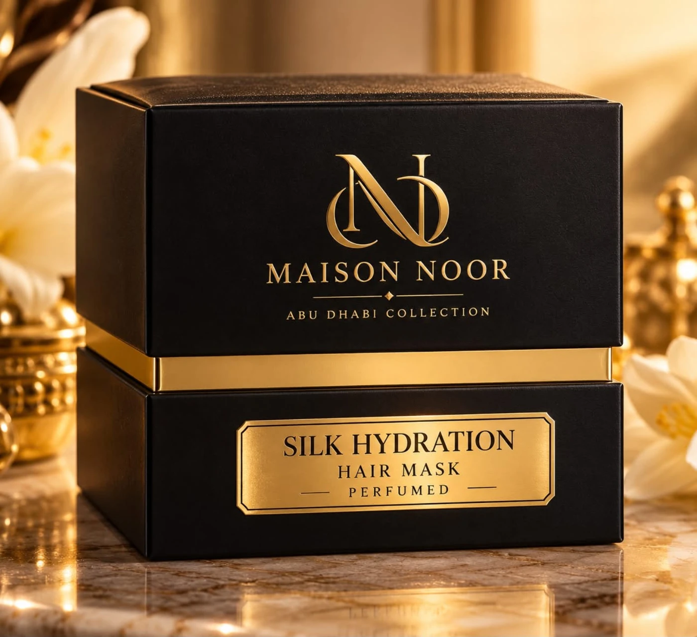 Maison Noor black and gold Hair Mask packaging