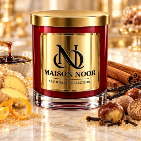 Red MAISON NOOR candle with gold lid beside ginger, citrus peel, molasses, cinnamon, vanilla, chestnuts, cloves and nutmeg on ivory marble.