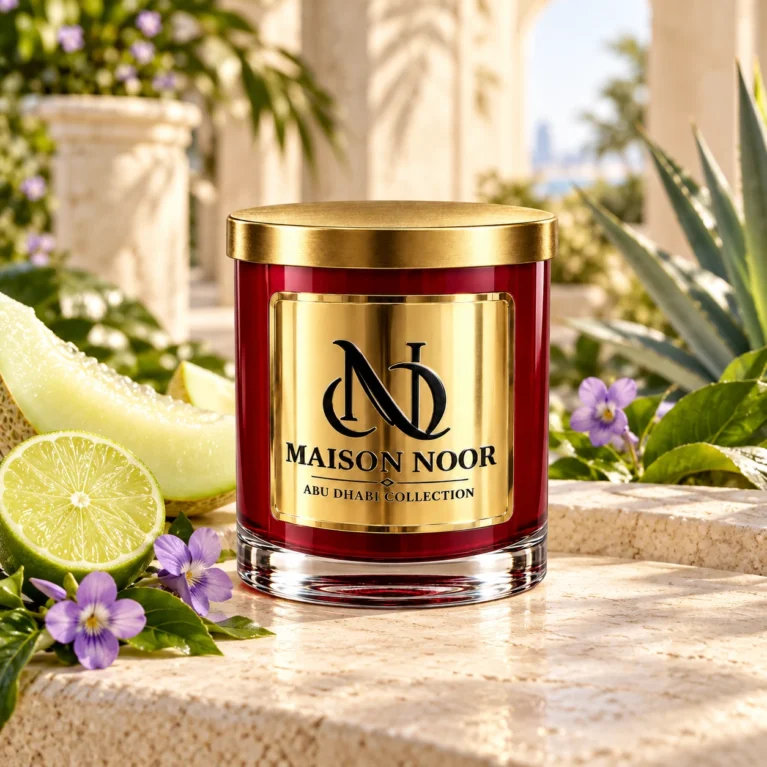 Red MAISON NOOR candle with gold lid beside honeydew melon, lime and violets, with green foliage and agave behind.