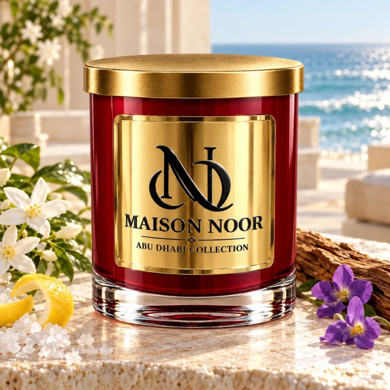 Red MAISON NOOR candle with gold lid beside sea salt, citrus peel, jasmine, violets and cedar wood overlooking the ocean.