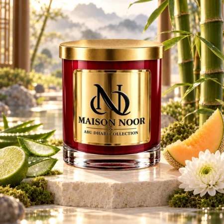 Red MAISON NOOR candle with gold lid beside aloe, lime, cantaloupe, chrysanthemum and moss, with bamboo and misty mountains behind.