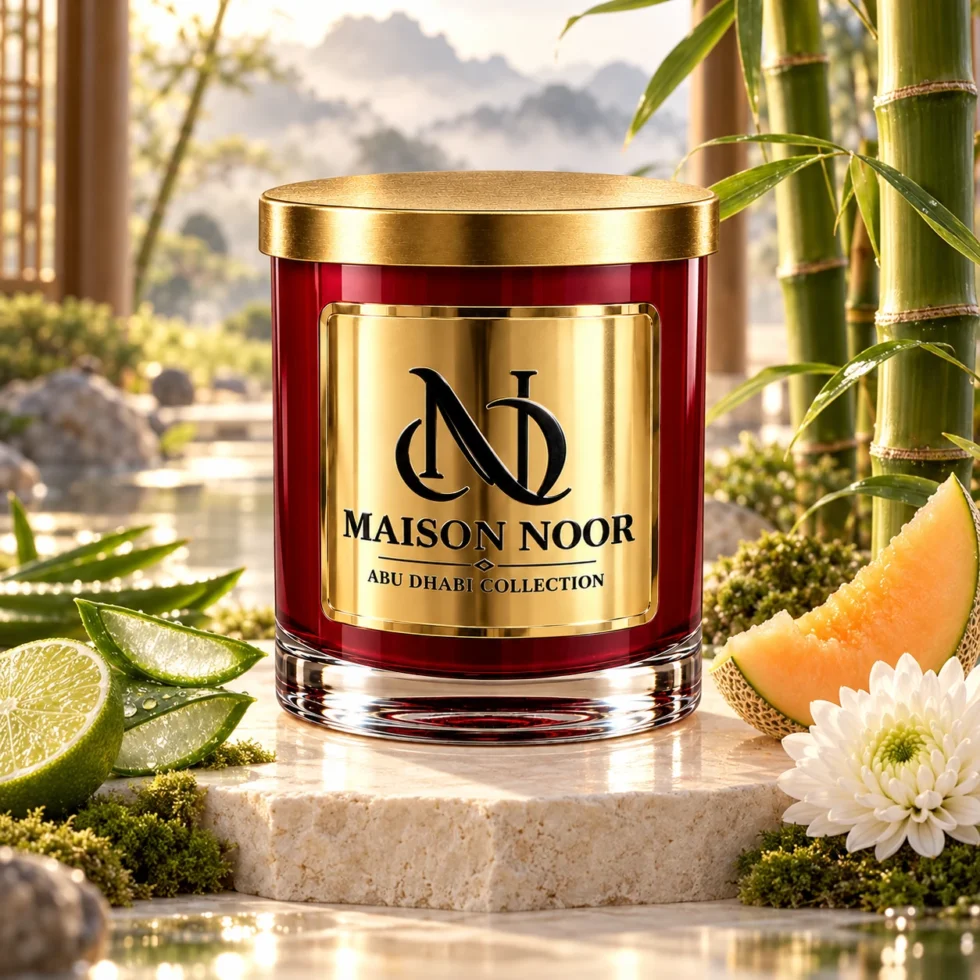 Red MAISON NOOR candle with gold lid beside aloe, lime, cantaloupe, chrysanthemum and moss, with bamboo and misty mountains behind.