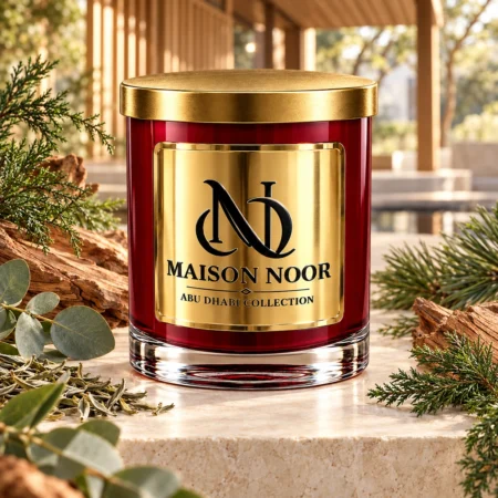 Red MAISON NOOR candle with gold lid beside cypress, pine, eucalyptus, white tea leaves and wood in a refined timber pavilion.