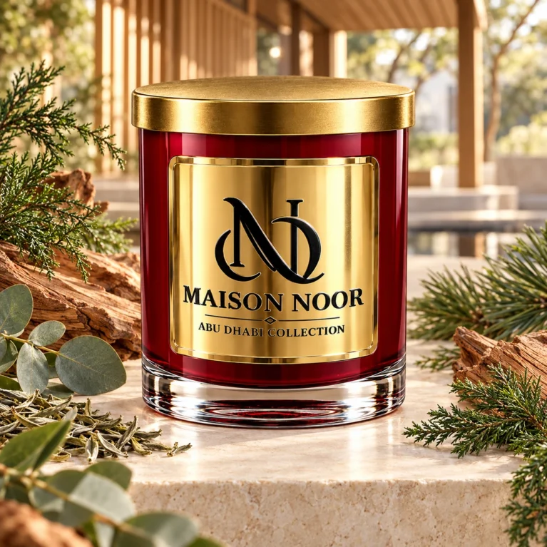 Red MAISON NOOR candle with gold lid beside cypress, pine, eucalyptus, white tea leaves and wood in a refined timber pavilion.