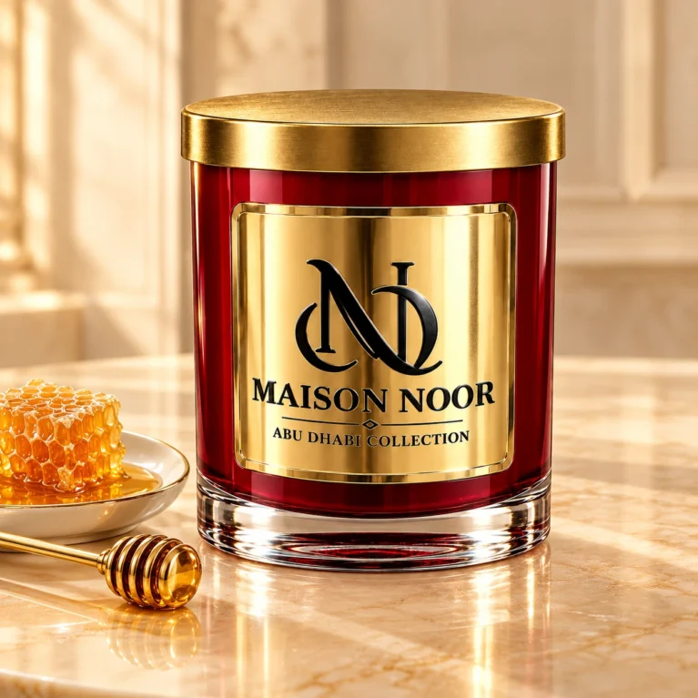 Red MAISON NOOR candle with gold lid on ivory stone beside honeycomb, honey and a gold honey dipper.