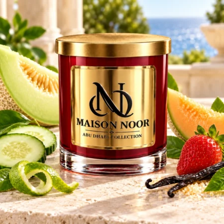 Red MAISON NOOR candle with gold lid beside honeydew melon, cantaloupe, cucumber, strawberry, bergamot peel and vanilla on ivory stone.