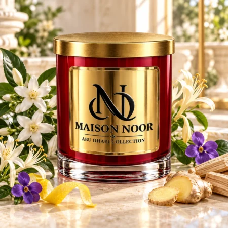 Red MAISON NOOR candle with gold lid beside jasmine, honeysuckle, violets, lemon peel, ginger and pale wood on ivory stone.