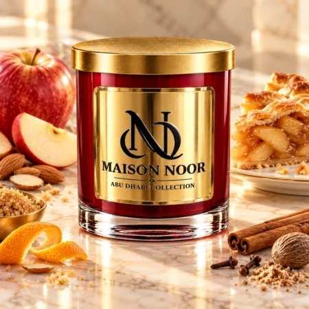 Red MAISON NOOR candle with gold lid beside apple pie, apple, almonds, brown sugar, orange peel, cinnamon, cloves and nutmeg.