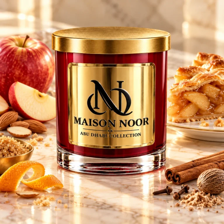 Red MAISON NOOR candle with gold lid beside apple pie, apple, almonds, brown sugar, orange peel, cinnamon, cloves and nutmeg.