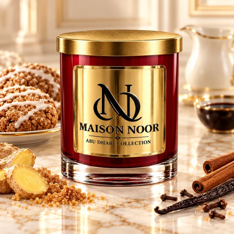 Red MAISON NOOR candle with gold lid beside iced gingersnap cookies, ginger, brown sugar, vanilla, cinnamon and cloves, with milk and molasses behind.