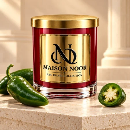 Red MAISON NOOR candle with gold lid on ivory stone beside fresh green jalapeno peppers and a sliced jalapeno.