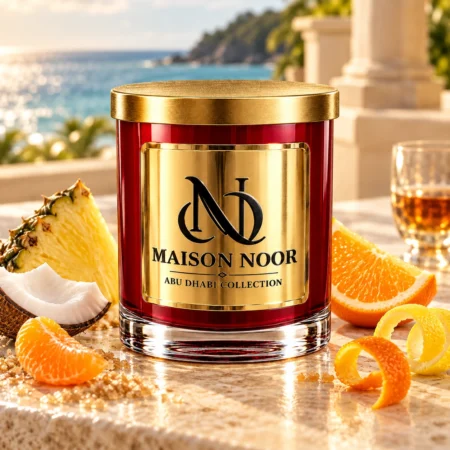 Red MAISON NOOR candle with gold lid beside pineapple, coconut, tangerine, orange and lemon peel, with a small rum glass and ocean behind.