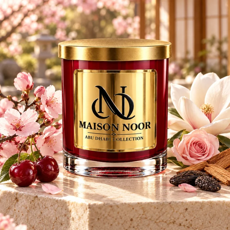 Red MAISON NOOR candle with gold lid beside cherry blossom, magnolia, pink rose, cherries, tonka beans and sandalwood in a serene garden setting.