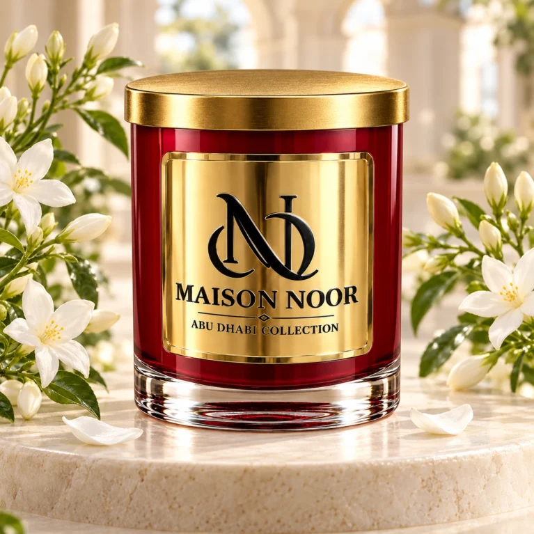 Red MAISON NOOR candle with gold lid on an ivory pedestal framed by white jasmine flowers and buds.