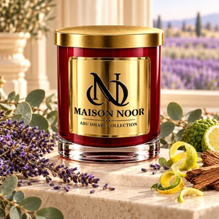 Red MAISON NOOR candle with gold lid beside lavender, eucalyptus, citrus peel and cedar wood, with a lavender field softly blurred behind.