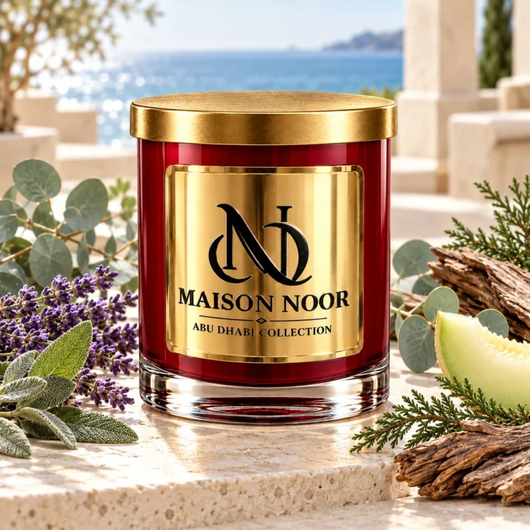 Red MAISON NOOR candle with gold lid beside lavender, sage, eucalyptus, honeydew melon, cypress and weathered wood overlooking the sea.