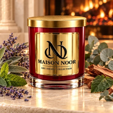 Red MAISON NOOR candle with gold lid beside lavender, sage, peppermint, eucalyptus, patchouli leaf and cedar, with a fireplace behind.