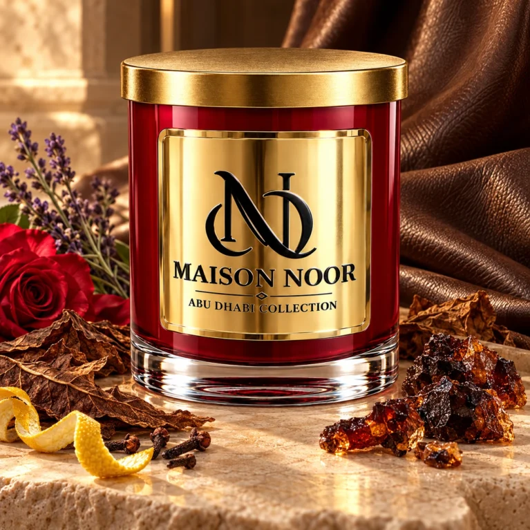 Red MAISON NOOR candle with gold lid beside labdanum resin, tobacco leaves, cloves, bergamot peel, rose and lavender, with brown leather behind.