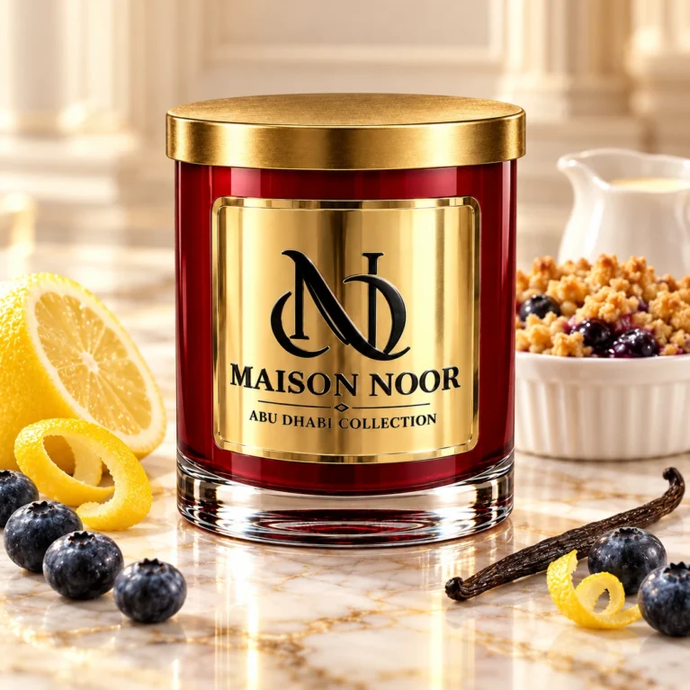 Red MAISON NOOR candle with gold lid beside lemon, blueberries and vanilla, with a blueberry crumble ramekin and milk pitcher behind.