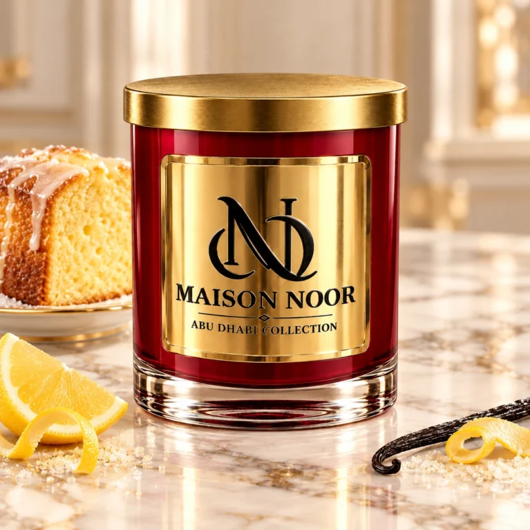 Red MAISON NOOR candle with gold lid beside lemon pound cake, lemon, curled peel, vanilla and sugar on ivory marble.