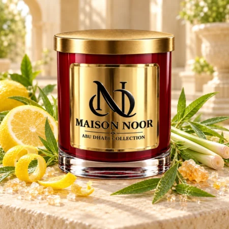 Red MAISON NOOR candle with gold lid beside lemon, peel curls, lemon verbena leaves, lemongrass, sugar and benzoin resin on ivory stone.