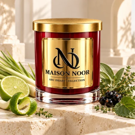 Red MAISON NOOR candle with gold lid beside lime, lemongrass, blackcurrants, sage, thyme and patchouli leaves on ivory stone.