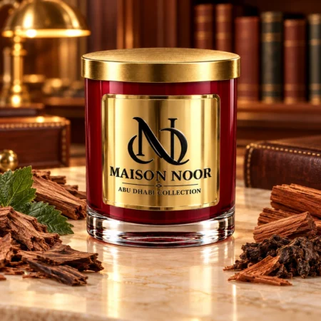 Red MAISON NOOR candle with gold lid beside wood and patchouli leaf on ivory stone, with leather-bound books in a warm library behind.