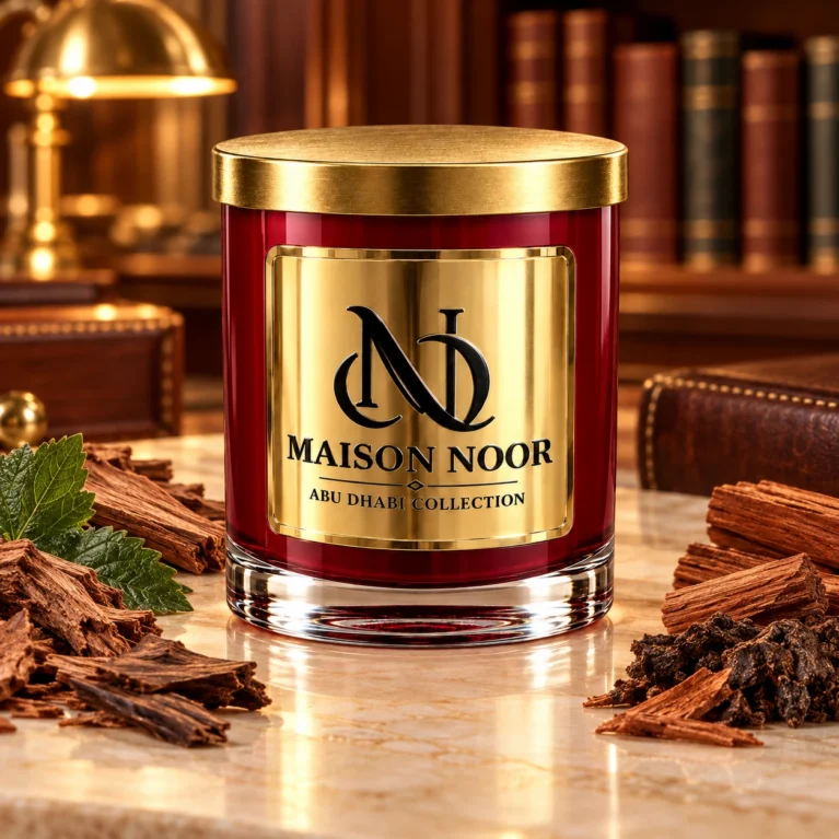 Red MAISON NOOR candle with gold lid beside wood and patchouli leaf on ivory stone, with leather-bound books in a warm library behind.