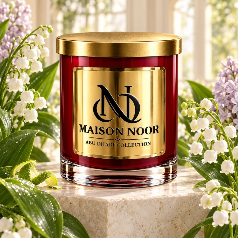 Red MAISON NOOR candle with gold lid beside lily of the valley, pale lilac, green leaves and bergamot peel on ivory stone.