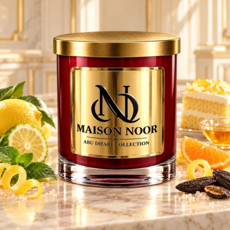 Red MAISON NOOR candle with gold lid beside lemon, bergamot, orange, mint, tonka beans and sugar, with lemon cake and honey behind.