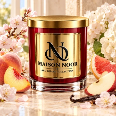 Red MAISON NOOR candle with gold lid beside peach, grapefruit, apple, cherry blossom, pale hydrangea and vanilla on ivory stone.