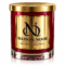 MAISON NOOR luxury candle in a red glass vessel with a gold metal lid and signature gold plaque on a white background