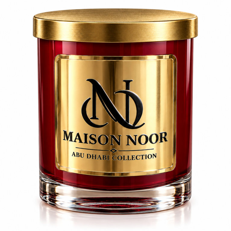MAISON NOOR luxury candle in a red glass vessel with a gold metal lid and signature gold plaque on a white background