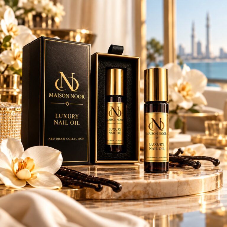 Maison Noor Luxury Nail Oil in its black and gold presentation box.